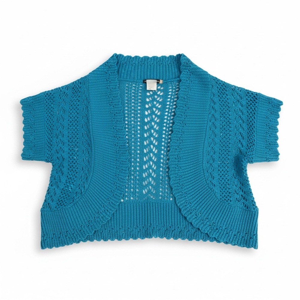 Sweaterworks Bolero Shrug SmTurquoise Blue Pointelle Open Knit Cropped Coastal